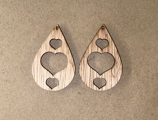 Pointed Drop Double Hearts Cutout Blank Wood Earrings. DIY jewelry