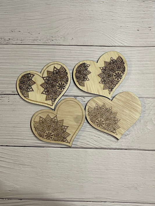 Set of 4 Mandala Heart Coasters Unfinished Scored Wood Blanks. DIY wood coaster set.