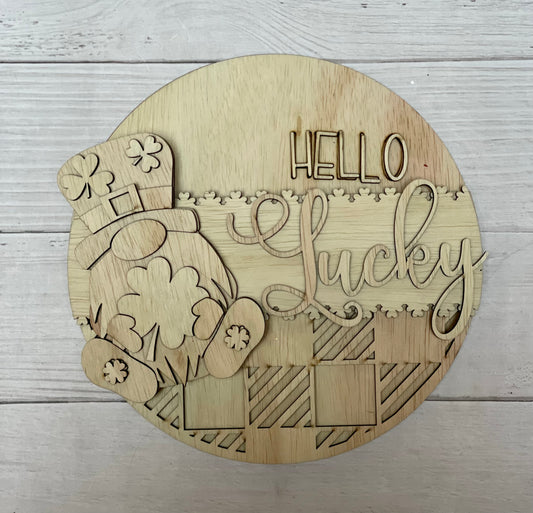 Hello Lucky Leprechaun Gnome Round Sign Blank Set