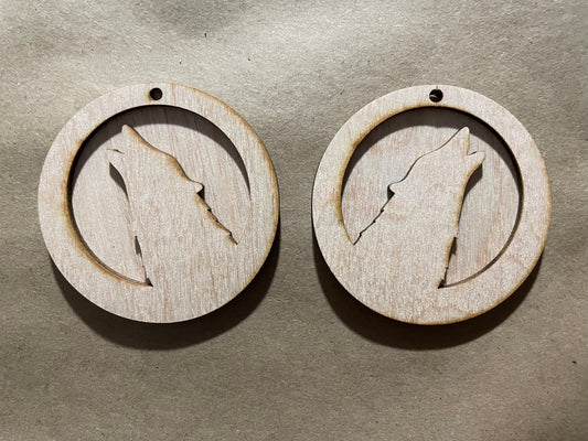Stacked Round Howling Wolf Open Backed Blank Wood Earrings. DIY jewelry. Unfinished laser cut wood jewelry. Wood earring blanks. Unfinished wood earrings. Wood jewelry blanks.