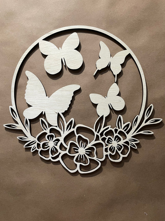 Round Floral Quad Butterfly Frame Unfinished Wood frame. Resin art frame. DIY wood cutout. Unfinished laser cut wood resin frame.