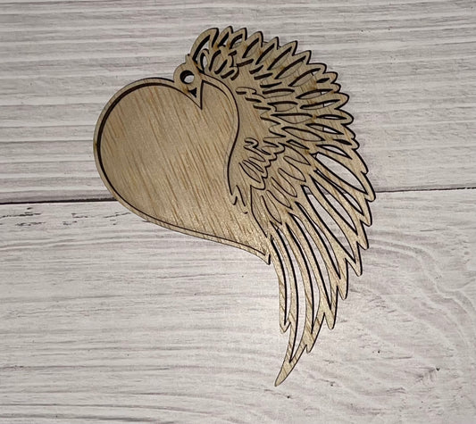 Heart and Angel Wing 2 Layer Scored Unfinished wood ornament