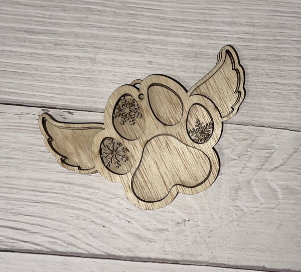 Paw with Wings and Snowflakes 3 Layer Unfinished wood ornament