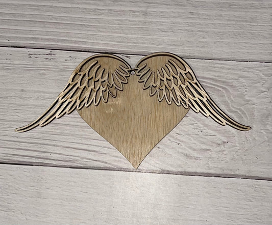 Heart and Angel Wings 2 Layer Scored Unfinished wood ornament