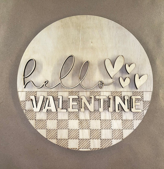 Hello Valentine Buffalo Plaid with Hearts Round Sign Blank Set