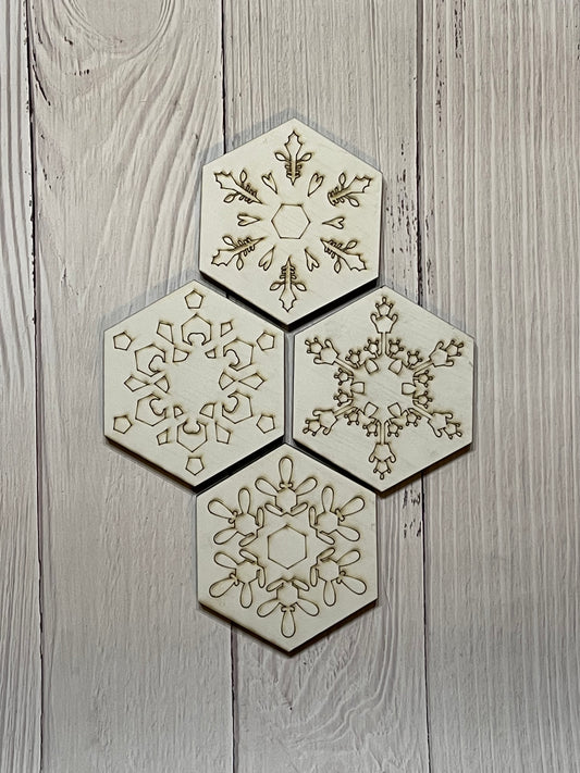 Set of 4 Snowflake Coasters Unfinished Scored Wood Blanks. DIY wood coaster set.