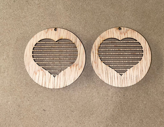 Round Striped Heart Cutout Blank Wood Earrings. DIY jewelry. Unfinished laser cut wood jewelry. Wood earring blanks. Unfinished wood earrings. Wood jewelry blanks.