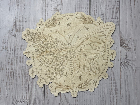 Floral Butterfly with stars Unfinished Scored Wood Plaque. DIY wood cutout. Wood mandala blank.