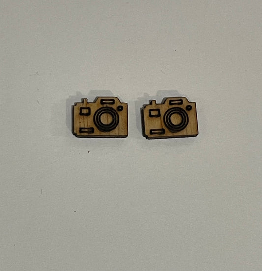 Camera Blank Wood Stud Earrings. DIY jewelry. Unfinished laser cut wood jewelry. Wood earring blanks. Unfinished wood earrings. Wood jewelry blanks.