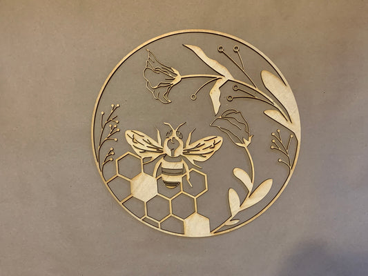 Bee and Honeycomb with Flowers Round Unfinished Wood frame. Resin art frame. DIY wood cutout. Unfinished laser cut wood resin frame. Wood blanks.