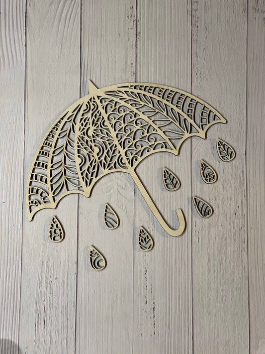 Umbrella and Rain Drops Mandala Unfinished Wood. DIY wood cutout. Unfinished laser cut wood resin frame.