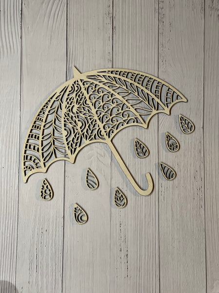 Umbrella and Rain Drops Mandala Unfinished Wood. DIY wood cutout. Unfinished laser cut wood resin frame.