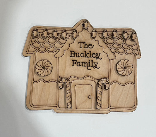 Gingerbread House and Family Ornament Set. Unfinished wood ornament