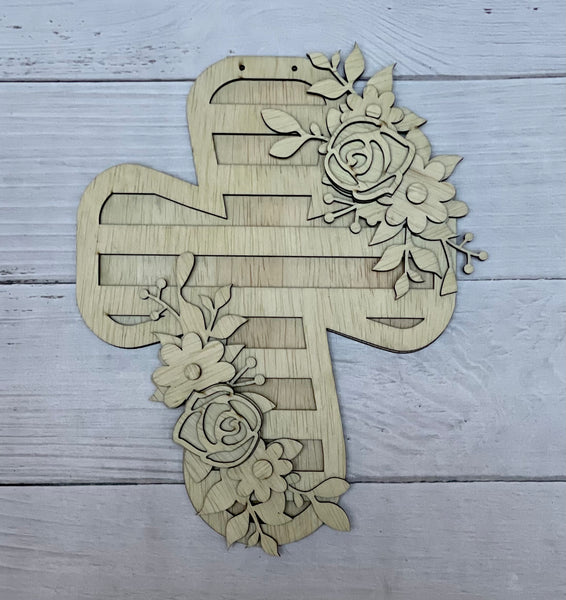 Floral Striped Cross DIY Unfinished Scored Wood Door Hanger Sign Set