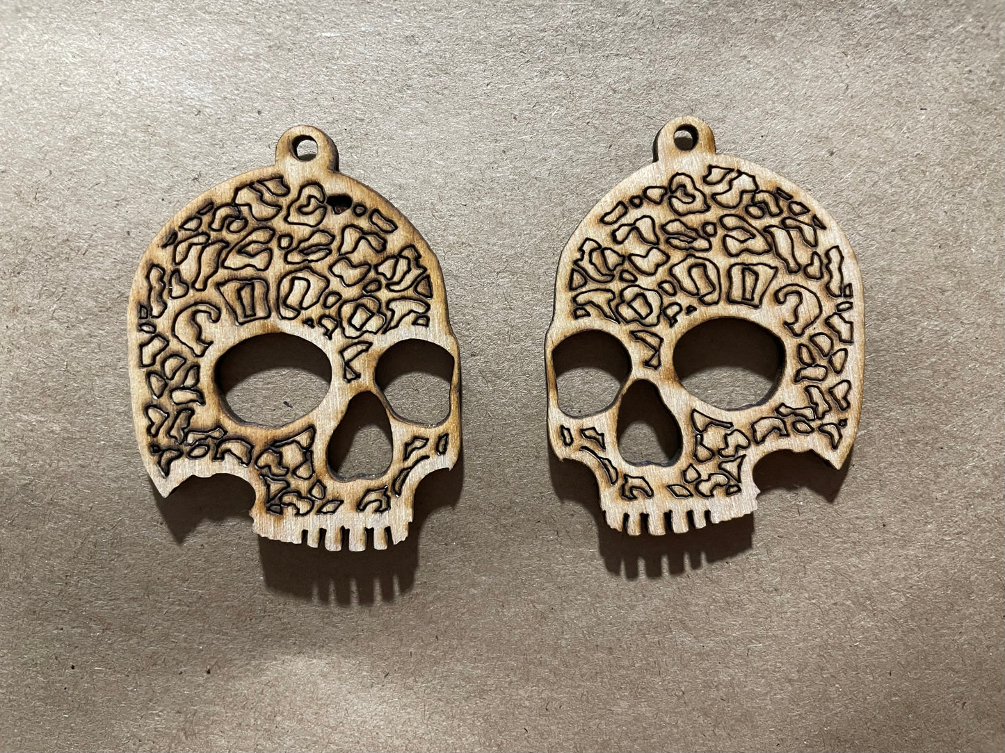 Leopard Spotted Half Skull Blank Wood Earrings. DIY jewelry. Unfinished laser cut wood jewelry. Wood earring blanks. Unfinished wood earrings. Wood jewelry blanks.