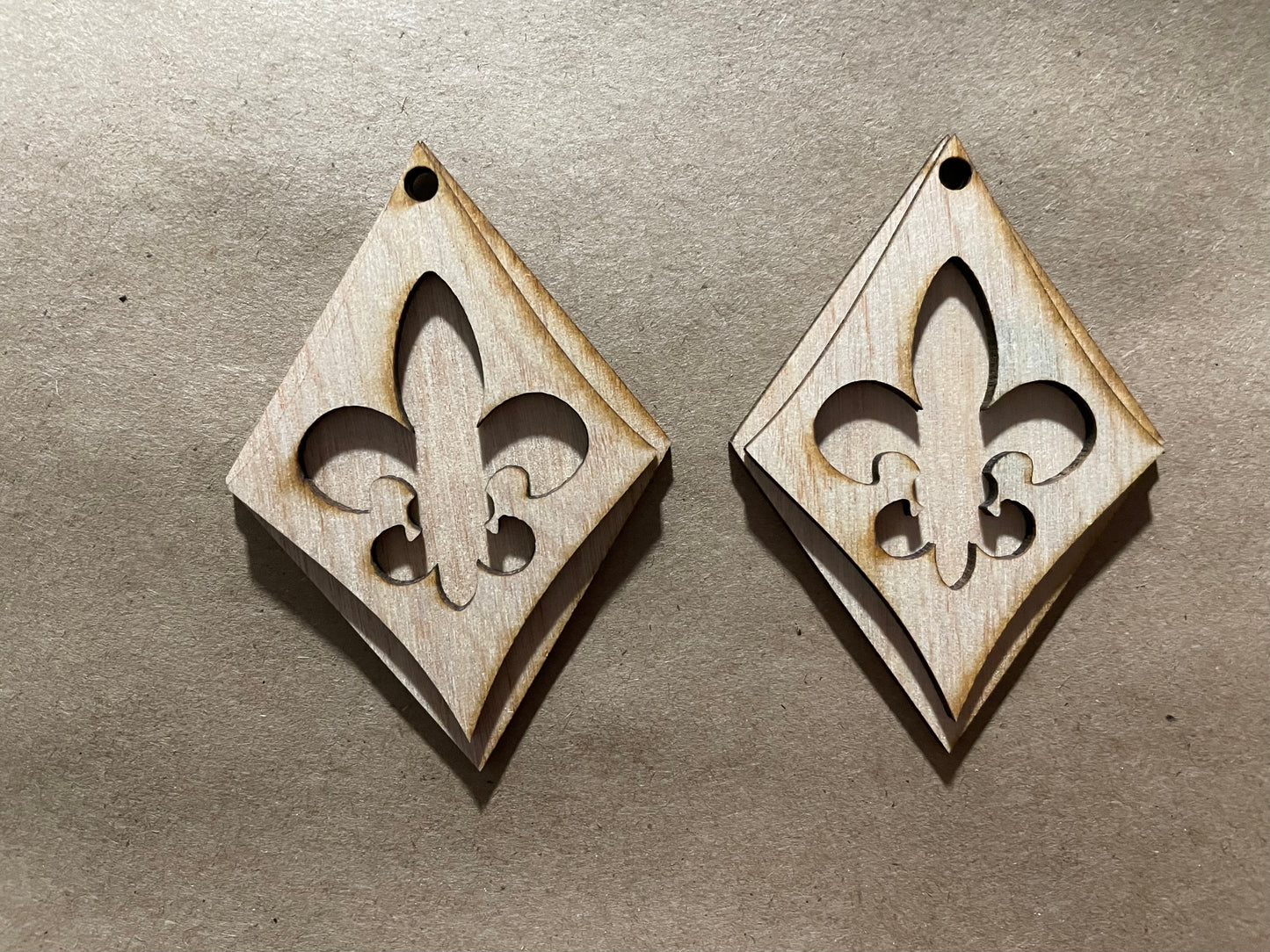 Stacked Diamond Open Backed Fleur De Lis Blank Wood Earrings. DIY jewelry. Unfinished laser cut wood jewelry. Wood earring blanks. Unfinished wood earrings. Wood jewelry blanks.