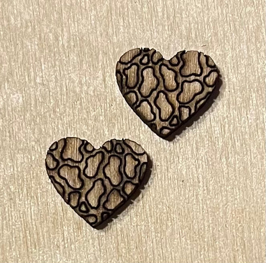 Spotted Heart Blank Wood Stud Earrings. DIY jewelry. Unfinished laser cut wood jewelry. Wood earring blanks. Unfinished wood earrings. Wood jewelry blanks.